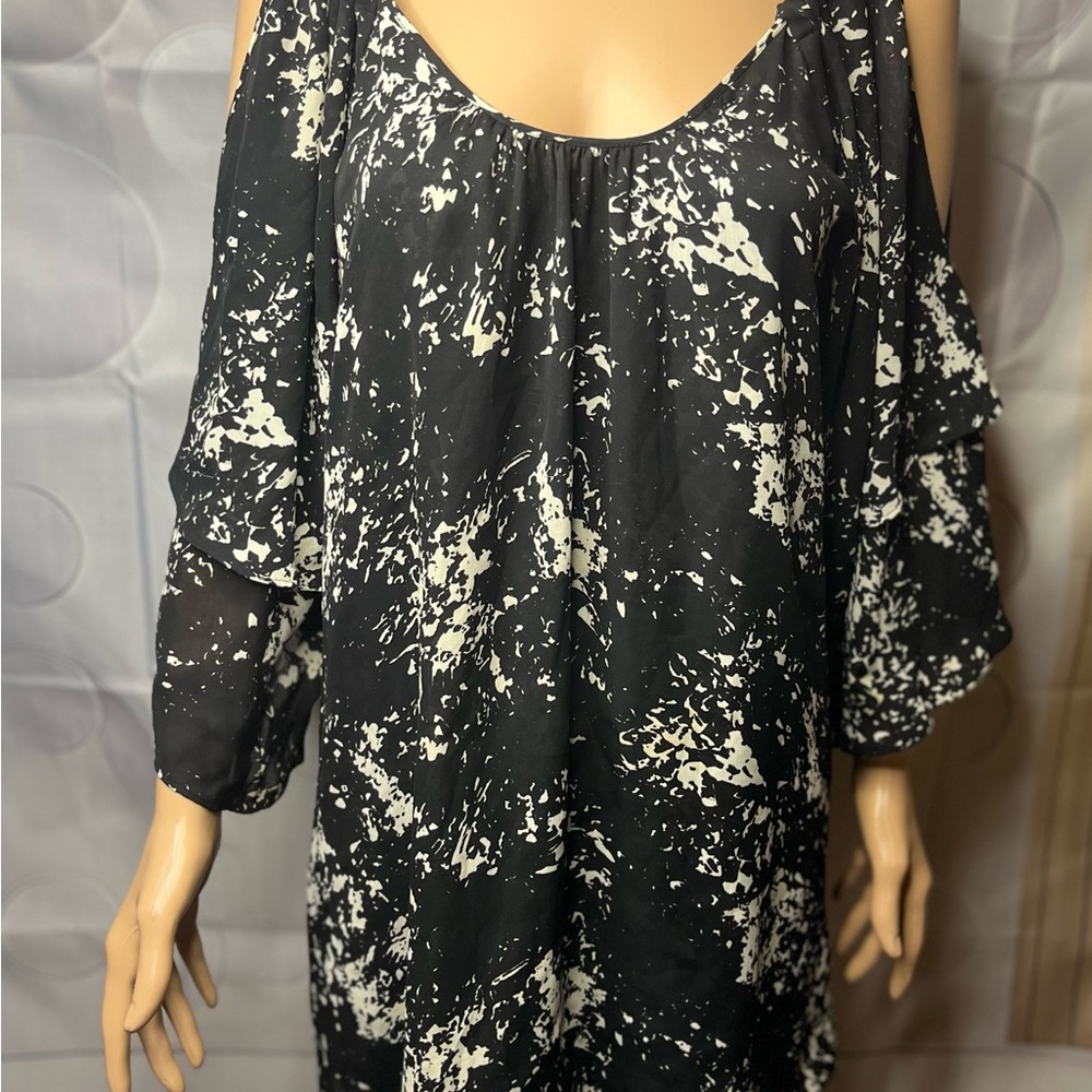 Parker sz 6 Black Floral Print Lace Sheer Overlined Off The Shoulder Tunic Dress
